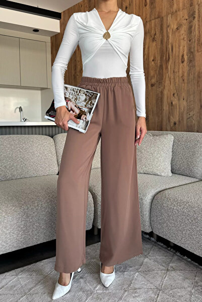julude Biscuit Women's Wide Leg Elastic Waist Fabric Pants