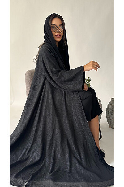 outline Black two-layer chiffon abaya with a double-cloche sheen