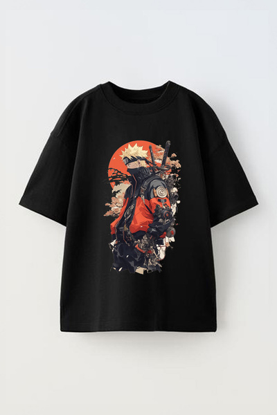 Anetos Tricou Naruto 5 cu imprimeu unisex din bumbac negru supradimensionat