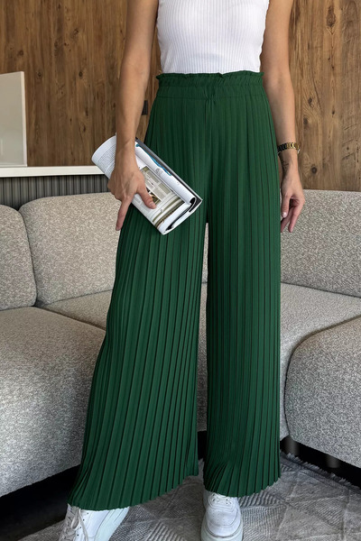 julude Green Women's Elastic Waist Pleated Loose Fit Trousers