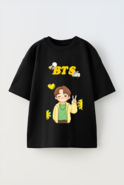 Anetos Tricou Bts 3 cu imprimeu unisex din bumbac negru supradimensionat