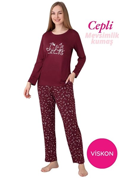 GUAVA+ Women's Crew Neck Buttonless Flowy Viscose Seasonal Long Sleeve Pajama Set with Pockets