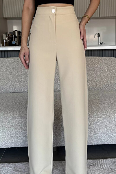 julude Beige Women's Wide Leg Fabric Pants