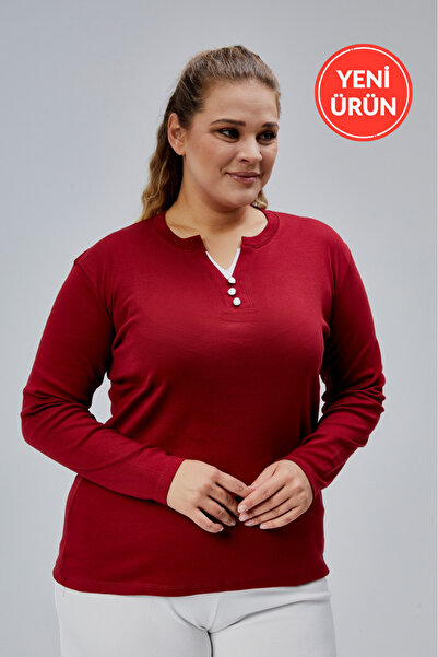BANEGA Curve Plus Size 100% Cotton Lycra Crew Neck Basic Plain Long Sleeve Burgundy Blouse