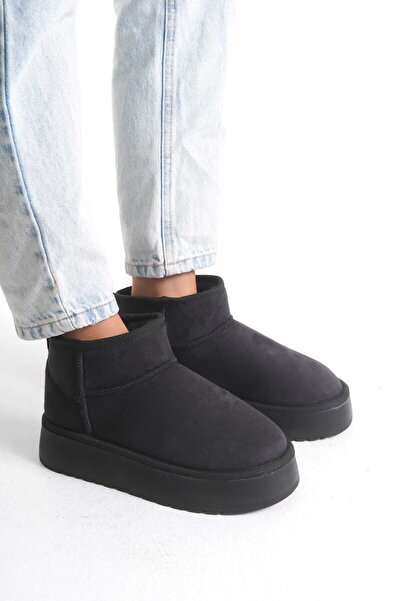 wolfcity Siyah Mini Yarım Bot Içi Tüylü Düz Taban Kadın Ayakkabı U-K