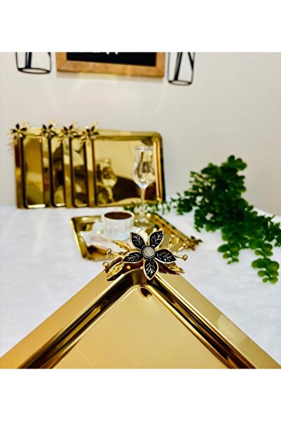 ÖzSa Home 6'lı Paslanmaz Çelik Siyah Papatyalı Kare Gold Dekoratif Sunum Tepsi