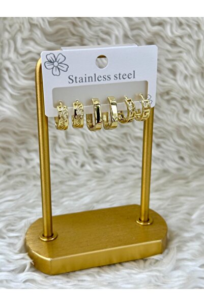 BY YASİN TOPÇU Altın Dokulu Çelik 6’li Halka Küpe Seti