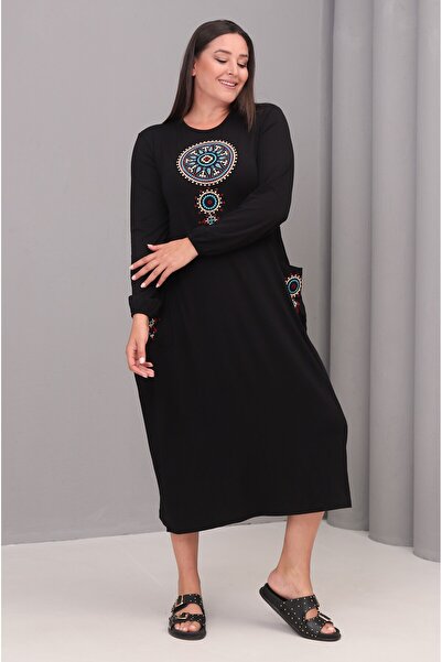 Şans Women's Plus Size Black, Crew Neck, Long Sleeve Embroidered Viscose Dress with Pockets 65N39142