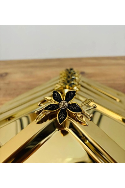 ÖzSa Home 6'lı Paslanmaz Çelik Siyah Papatyalı Kare Gold Dekoratif Sunum Tepsi