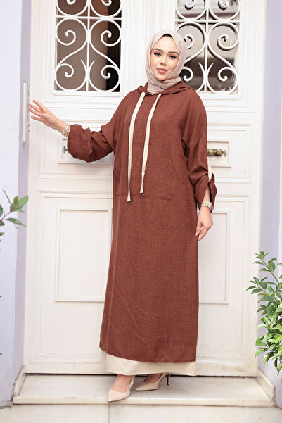 N.S NEVA STYLE فستان حجاب بني بقلنسوة 76612KH