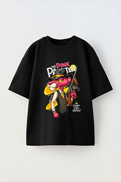 Anetos Tricou Pink Panther 3 cu imprimeu unisex din bumbac negru supradimensi...