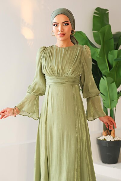 Olcay Yoryo Silk Hijab Evening Dress with Cape Skirt Çağla 1235