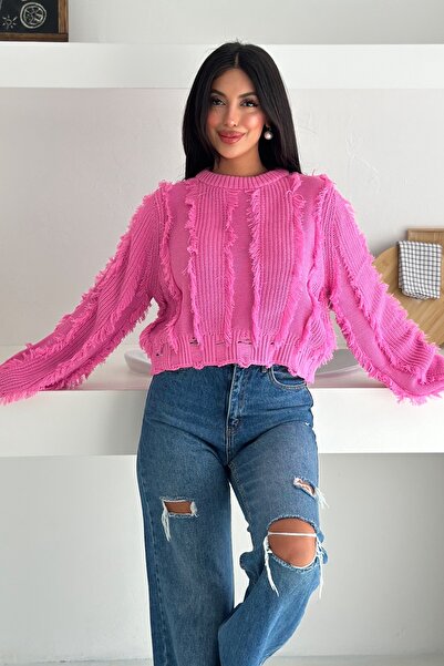 FEMELLE Pink Fringed Casual Knit Sweater - Oversize Standard Size