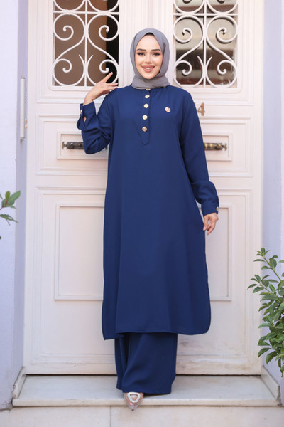 N.S NEVA STYLE Διπλό Σετ Χιτζάμπ Ναυτικό Μπλε με Λεπτομέρεια με Κουμπιά 76642L