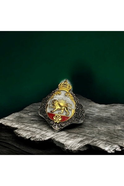 JEICON ATELIER Özel Tasarım İran Bayrağı Aslan Detaylı Çiçek Desenli 925 Ayar Gümüş Yüzük
