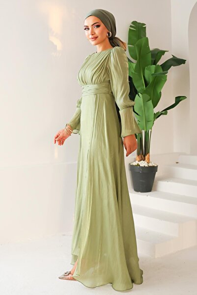 Olcay Yoryo Silk Hijab Evening Dress with Cape Skirt Çağla 1235
