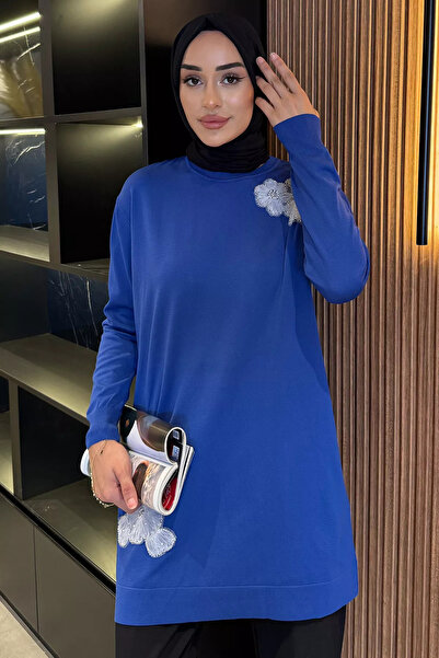 julude Saksmavisi Crew Neck Floral Figured Hijab Knitwear Tunic (Fits Sizes S-M-L-Xl.)