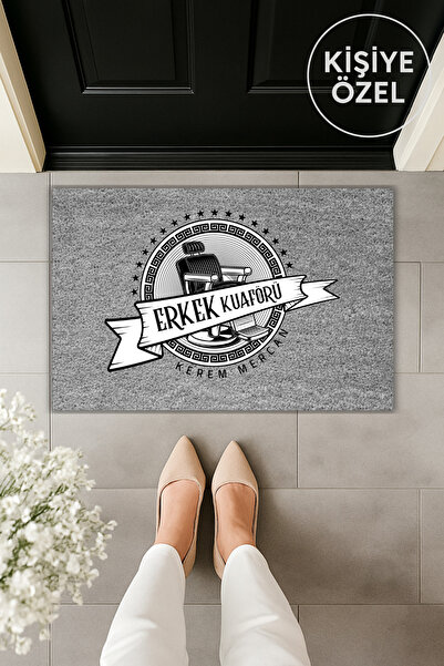 Dormot Modern Dijital Baskı Gri Berber, İş yeri Kapı Önü Paspas 70x45cm