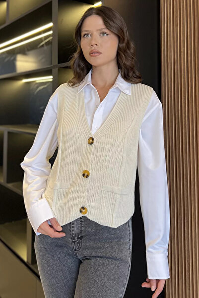 julude Cream Women's Buttoned Knitwear Vest (Available in S-M-L-Xl)