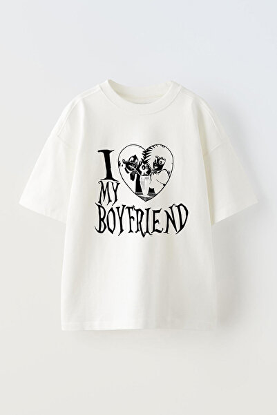 Anetos Tricou I Love Boyfirend cu imprimeu unisex din bumbac alb supradimensi...