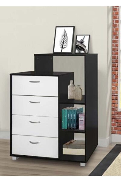 BAITY Malaysian Wooden Closet Cabinet - 4 Drawers with White and Black Shelves