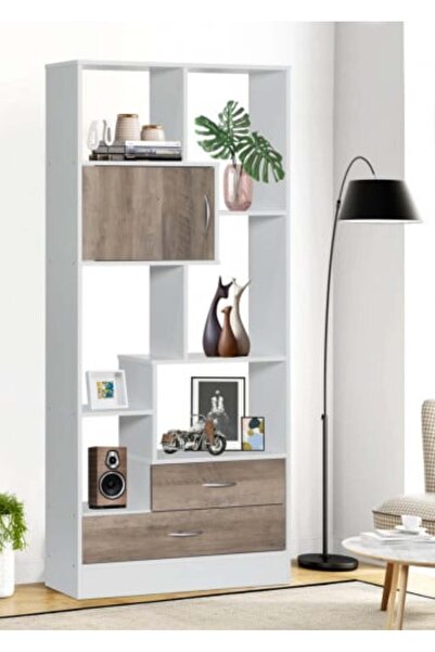 BAITY Bookshelf Unit with Storage Drawers – Open Design in Malaysian Wood in White and Wooden Color