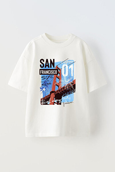Anetos Tricou San Francisco cu imprimeu unisex din bumbac alb supradimensionat