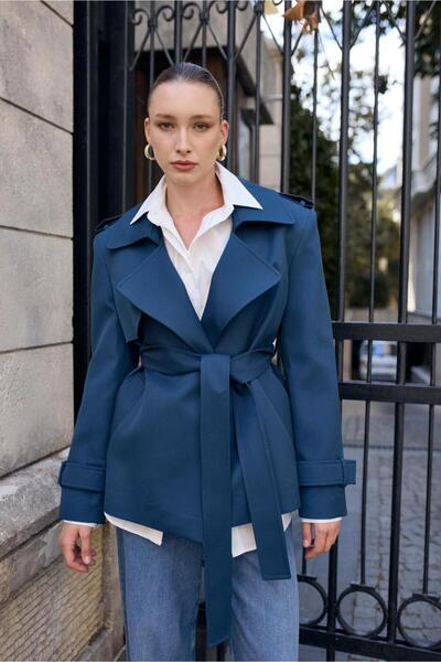 SERHANE Dark Blue Double-Breasted Belted Gabardine Premium Medium-Length Trench Coat