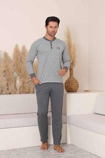 ALİMER ADA TEKS Erkek Gri Çizgili Arma Nakışlı Likralı Uzun Kollu Penye Pijama Takımı
