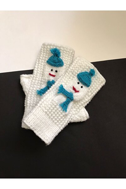 YOS TREND Kadın El Yapımı Örgü Eldiven – Kardan Adam Desenli, Kışlık Sıcak Tu...