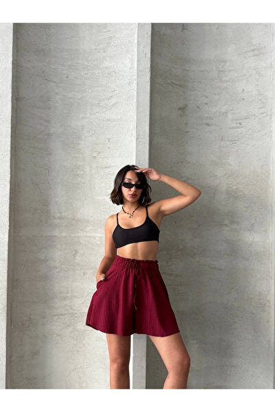 Zerenyus Flounce Linen Shorts Burgundy