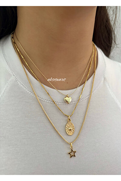 aksesuaris 3'lü Desenli Zincirli Gold Kalp Yıldız Kadın Kolye Set Kombin