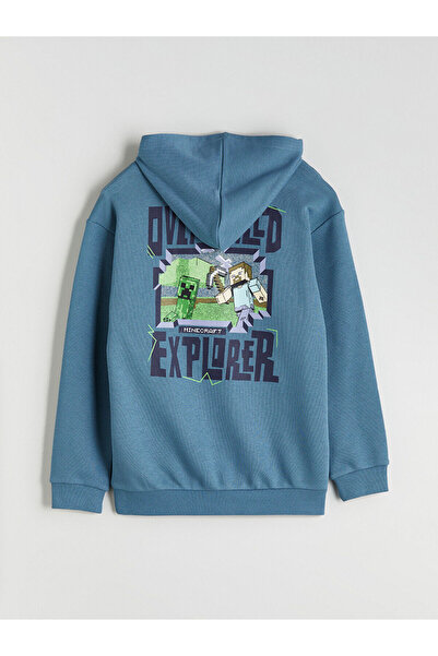 LC Waikiki Mavi Kapüşonlu Minecraft Baskılı Erkek Çocuk Sweatshirt