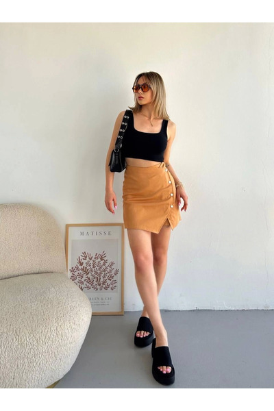 Zerenyus Four Snap Fastener Gabardine Shorts Skirt Camel