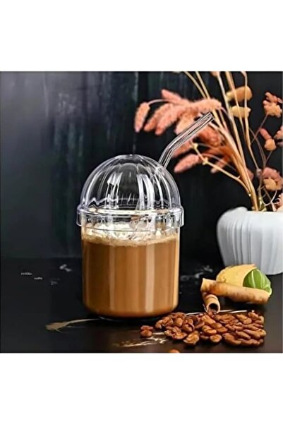 Kahve Smoothie Bardağı Cam Pipetli Mika Bardak Kuppe Model İçecek Sunum Bardağı 430 ml
