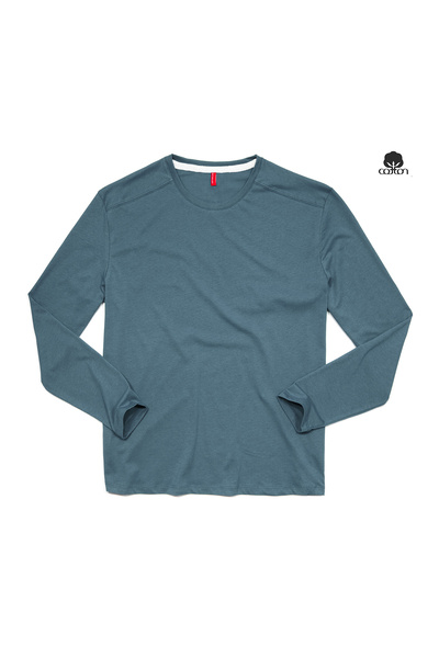 Cottonland Erkek COLBERT Uzun Kollu O Yaka Baskısız Zımparalı Penye T-Shirt MAVİ