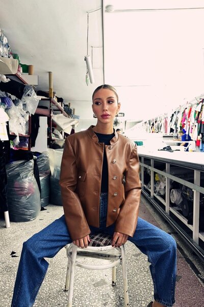 Genel Markalar Kahverengi Önü Düğme Kapamalı Deri Ceket