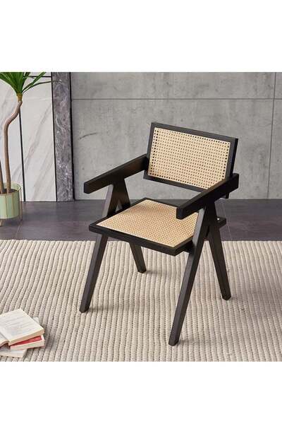 Crestj Dining Chair Made of Beech Wood and Rattan for Kitchen and Bedrooms || Black Color