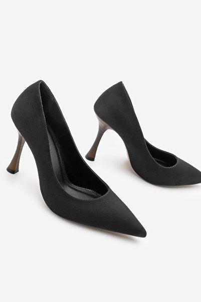 Marjin Women's Stiletto Pointed Toe Wooden Heel Patterned Heeled Shoes Oplin Black Suede