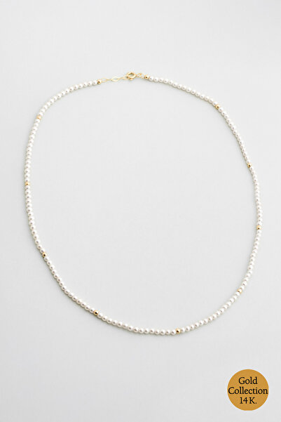 So CHIC... Doğal İnci Taşlı 43 Cm 14 Ayar Sarı Altın Kolye