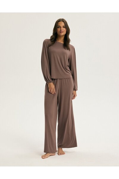 ESOTIQ Set de lenjerie de casă pentru femei, format din 2 piese, bluză cu mânecă lungă și pantaloni lungi și largi, pijama de casă | Carmona
