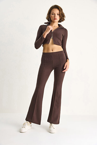 Bianco Lucci Women's Ribbed Knitted Fabric Double Zipper Detail Turtleneck Bottom-Top Set 2421 60284063