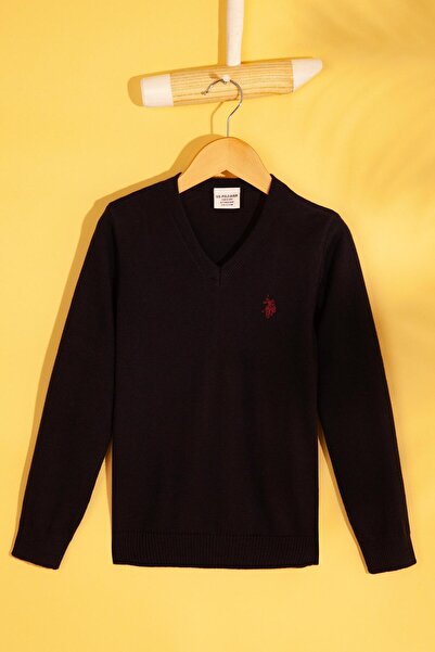 U.S. Polo Assn. Pulover pentru băiat, albastru marin, de bază, cu decolteu în V