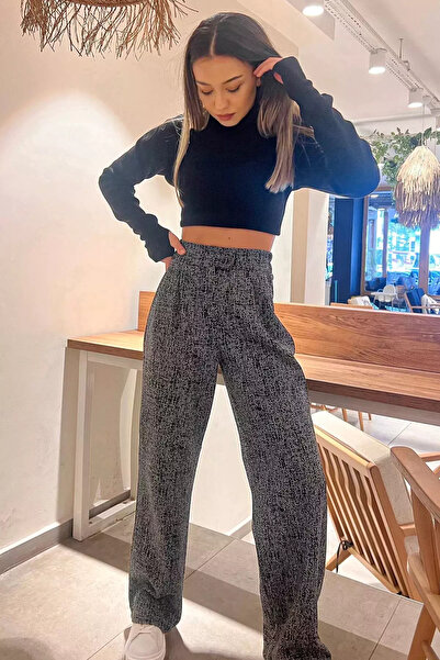 Zehra Gül Siyah Kadın Kışlık Karyağdı Desenli Bel Cırtlı Palazzo Pantolon