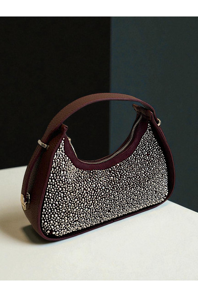 HFKY Kadın Bordo Çift Yönlü Taşlı El Ve Omuz Çantası. Ry322