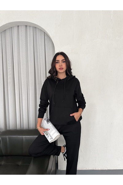 Yelken Giyim Women's Black Hooded Model Fabric Full Stretch Tracksuit Set – Comfortable Fit, Casual and Sporty Combination