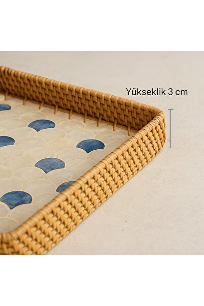 oceanpoint Embroidered Square Rattan Serving Tray, Handmade, Blue Drop Pattern, 28X28 cm
