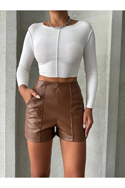 Zerenyus Δερμάτινο σορτς με κομματιαστές τσέπες καφέ