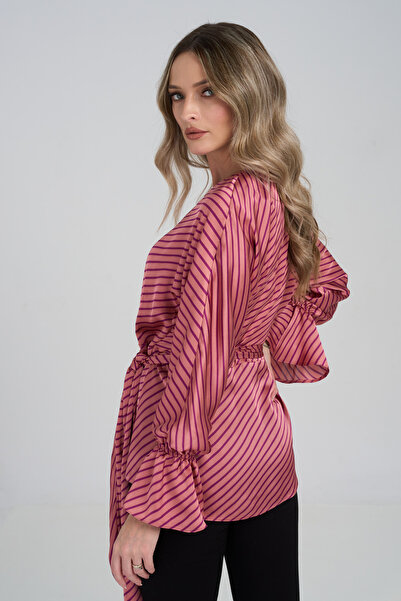 Couture de Marie Bluză cu dungi roz, talie cu cordon, mânecă clopot – Mella