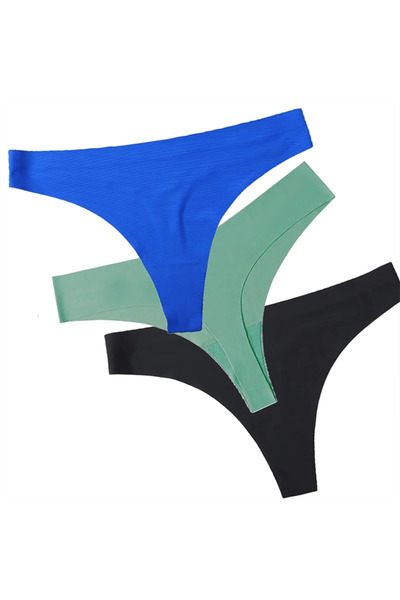 PriStyle Set of 3 Premium Women's Panties Made of Synthetic Silk, Seamless, Thong Type, Turquoise, Blue, Black,